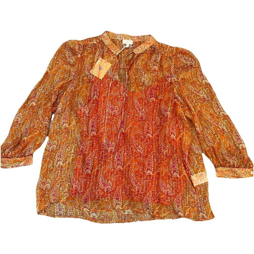 Pablo French Designer Silk Blend Blouse Size 40 US 8 Orange Floral Sheer Boho
